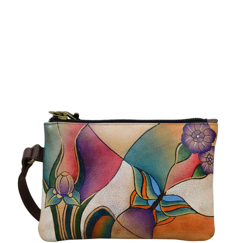 Anna by Anuschka style 1828, handpainted Coin Purse. Butterfly Glass Painting painting in multi color. Featuring detachable wrist strap.
