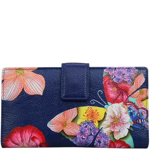 Anna by Anuschka style 1833, handpainted Two Fold Organizer Wallet. Butterfly Mosaic painting in blue color. Featuring built-in organizer with ten credit card holders.