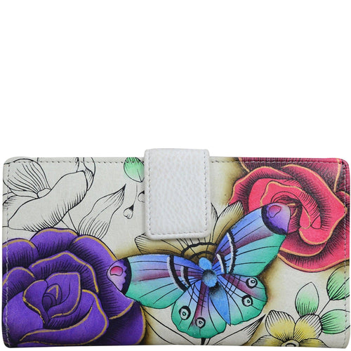 Anna by Anuschka style 1833, handpainted Two Fold Organizer Wallet. Floral Paradise painting in white color. Featuring built-in organizer with ten credit card holders.