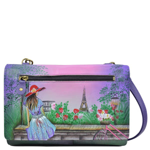 Anna by Anuschka style 1834, handpainted Organizer Wallet On A String. Paris Sunrise painting in multi color. Featuring built-in organizer and removable strap also Fits phone.