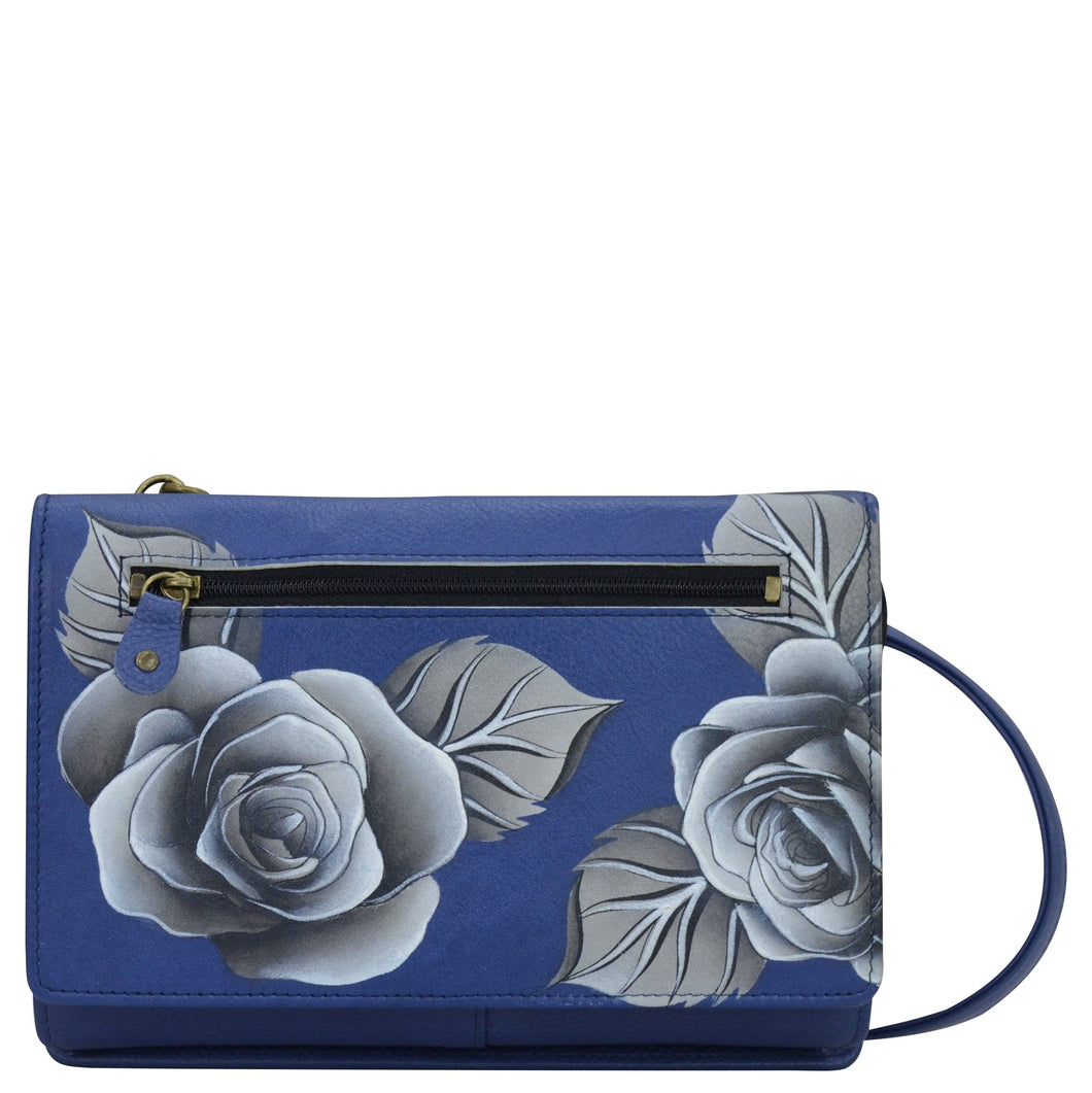 Anna by Anuschka style 1834, handpainted Organizer Wallet On A String. Romantic Rose Blue painting in Blue color. Featuring built-in organizer and removable strap also Fits phone.