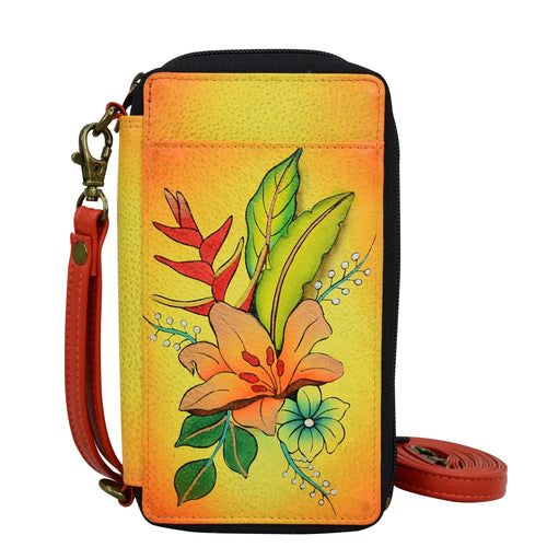Anna by Anuschka style 1844, handpainted Smartphone Case & Wallet. Tropical Bouquet Yellow painting in yellow color. Featuring removable strap and fits phone.