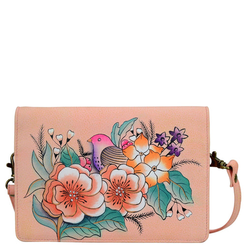 Anna by Anuschka style 1845, handpainted Two Fold Wallet On A String. Vintage Garden painting in pink/peach color. Featuring removable strap and fits phone also has credit card holders.