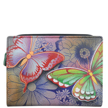 Load image into Gallery viewer, Anna by Anuschka style 1854, handpainted Two Fold Clutch Wallet. Butterfly Paradise painting in grey color. Featuring eleven credit card holder, one ID window.

