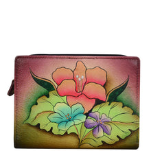 Load image into Gallery viewer, Anna by Anuschka style 1854, handpainted Two Fold Clutch Wallet. Mediterranean Garden painting in multi color. Featuring eleven credit card holder, one ID window.
