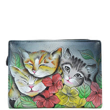 Load image into Gallery viewer, Anna by Anuschka style 1854, handpainted Two Fold Clutch Wallet. Three Kittens painting in grey color. Featuring eleven credit card holder, one ID window.

