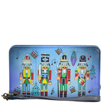 Load image into Gallery viewer, Anna by Anuschka style 1859, handpainted Clutch Wallet. Nutcracker Party painting in blue color. Featuring removable strap and credit card holders.
