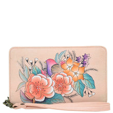 Load image into Gallery viewer, Anna by Anuschka style 1859, handpainted Clutch Wallet. Vintage Garden painting in pink/peach color. Featuring removable strap and credit card holders.
