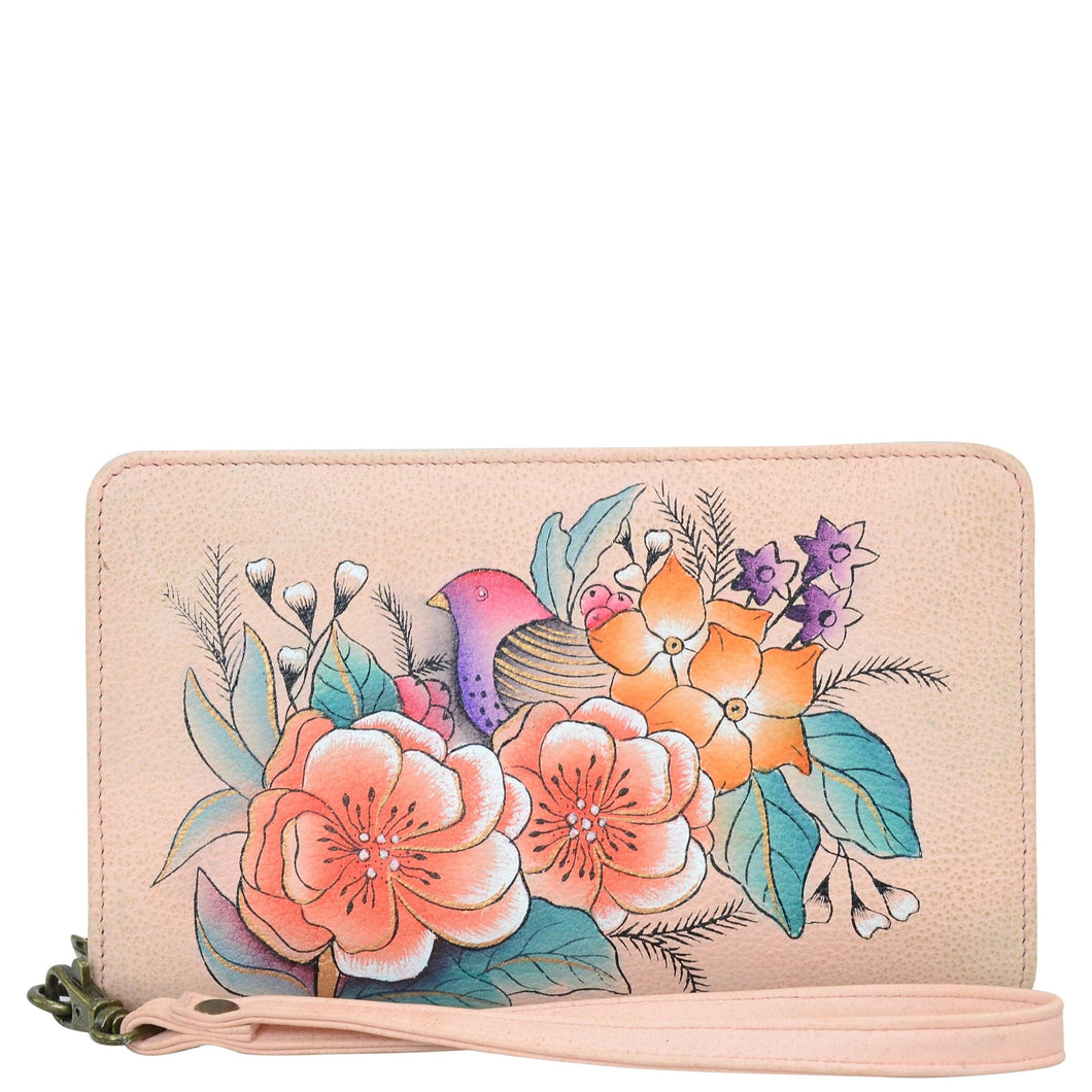 Anna by Anuschka style 1859, handpainted Clutch Wallet. Vintage Garden painting in pink/peach color. Featuring removable strap and credit card holders.