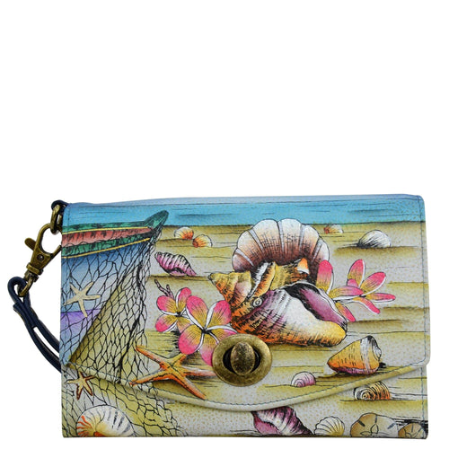 Anna by Anuschka style 1863, handpainted Vintage Wristlet Clutch. Caribbean Dream painting in blue color. Featuring turn lock and removable strap