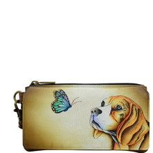 Load image into Gallery viewer, Anna by Anuschka style 1866, handpainted Flap Organizer Wallet. Puppy Love painting in brown color. Featuring built-in organizer and removable strap.
