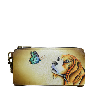 Anna by Anuschka style 1866, handpainted Flap Organizer Wallet. Puppy Love painting in brown color. Featuring built-in organizer and removable strap.