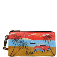 Load image into Gallery viewer, Anna by Anuschka style 1866, handpainted Flap Organizer Wallet. Viva Cuba painting in red/wine color. Featuring built-in organizer and removable strap.

