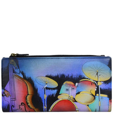 Load image into Gallery viewer, Anna by Anuschka style 1869, handpainted Two Fold Clutch Wallet. Jazz Trio painting in purple color. Featuring twelve credit card holders and one id window.
