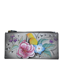 Load image into Gallery viewer, Anna by Anuschka style 1869, handpainted Two Fold Clutch Wallet. Vintage Garden Grey painting in grey color. Featuring twelve credit card holders and one id window.
