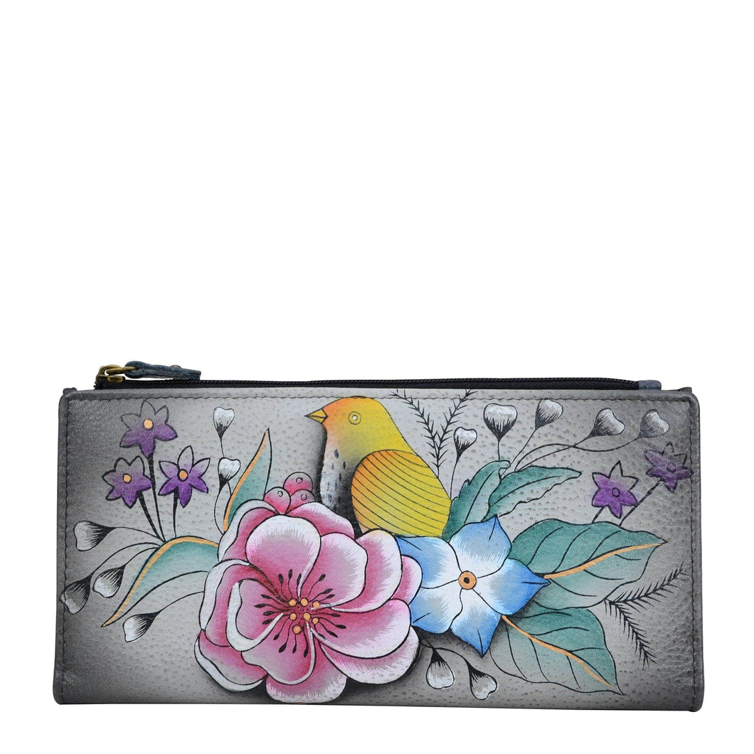 Anna by Anuschka style 1869, handpainted Two Fold Clutch Wallet. Vintage Garden Grey painting in grey color. Featuring twelve credit card holders and one id window.