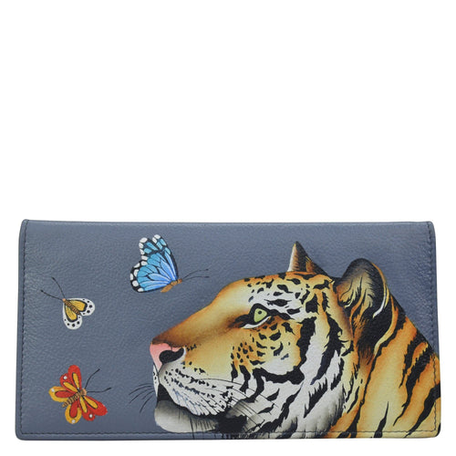 Anna by Anuschka style 1871, handpainted Two-Fold Clutch Wallet. Royal Tiger painting in grey color. Featuring three ID window, two slip pockets and one gusseted compartment.