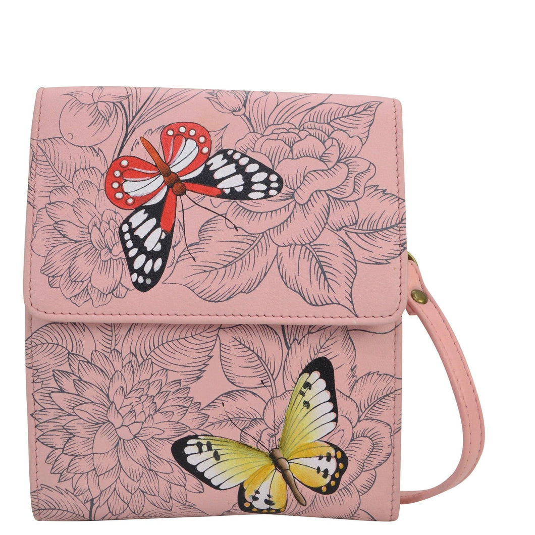 Anna by Anuschka style 1887, handpainted Flap Organizer. Butterfly Garden painting in pink/peach color. Featuring six credit card holders and removable strap.
