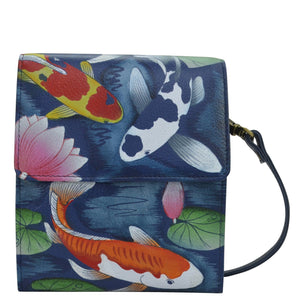 Anna by Anuschka style 1887, handpainted Flap Organizer. Koi Fish Blue painting in Blue color. Featuring six credit card holders and removable strap.