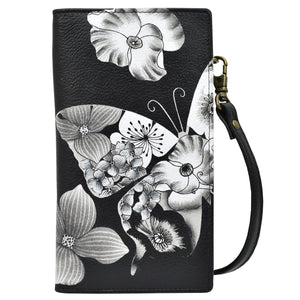 Anna by Anuschka Style 1895, handpainted Phone Wallet Organizer Crossbody. Butterfly Mosaic Black painting