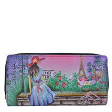 Load image into Gallery viewer, Anna by Anuschka style 1902, handpainted Organizer Clutch. Paris Sunrise painting in multi color. Featuring built-in organizer, six card holders, three slip in pockets and two ID windows.
