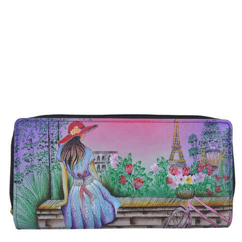 Anna by Anuschka style 1902, handpainted Organizer Clutch. Paris Sunrise painting in multi color. Featuring built-in organizer, six card holders, three slip in pockets and two ID windows.
