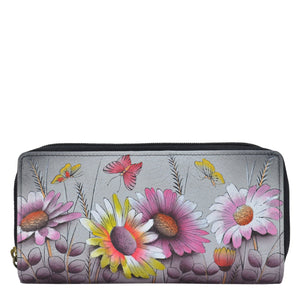Anna by Anuschka style 1902, handpainted Organizer Clutch. Wild Meadow painting in grey color. Featuring built-in organizer, six card holders, three slip in pockets and two ID windows.