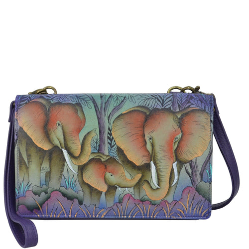 Anna by Anuschka style 1903, handpainted 4 In 1 Organizer Crossbody/Belt Bag/Clutch/Wristlet. Elephant Family painting in green/mint color. Featuring built-in organizer, card holders, removable strap and removable wristlet.
