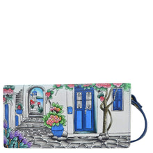 Load image into Gallery viewer, Anna by Anuschka style 1904, handpainted Wallet On A String. Magical Greece painting in blue color. Featuring card holders and removable adjustable strap.
