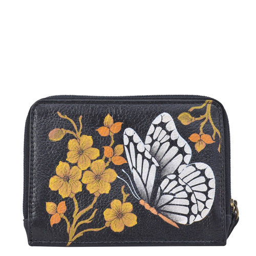 Anna by Anuschka Leather Tri Fold Wallet Hand Painted Butterfly Peacock  Feather