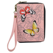 Load image into Gallery viewer, Anna by Anuschka style 1919, handpainted Passport Organizer Wristlet. Butterfly Garden painting in pink/peach color. Featuring built-in organizer, card holders and removable wristlet.
