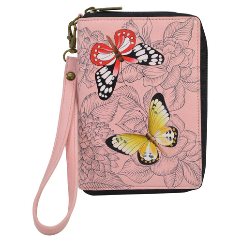 Anna by Anuschka style 1919, handpainted Passport Organizer Wristlet. Butterfly Garden painting in pink/peach color. Featuring built-in organizer, card holders and removable wristlet.