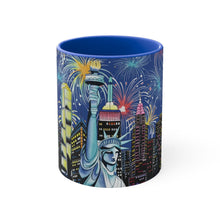 Load image into Gallery viewer, Anuschka Coffee Mug, Lady Liberty printing in Blue color. Featuring can be safely placed in a microwave for food or liquid heating and suitable for dishwasher use.

