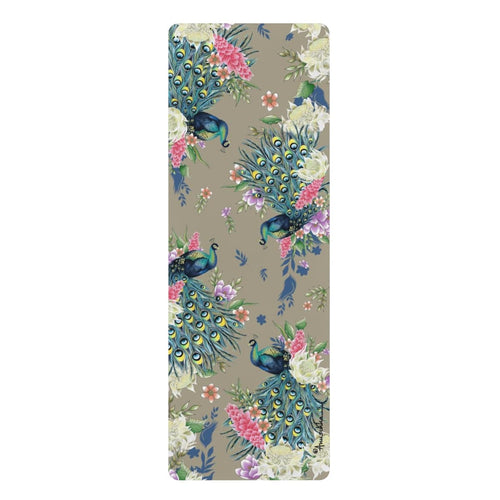 Anuschka Rubber Yoga Mat, Regal Peacock printing in Grey color. Featuring anti-slip rubber bottom for extra stability, this yoga mat helps you better balance during any pose and absorbs impact, delivering a higher comfort factor for all your exercise.