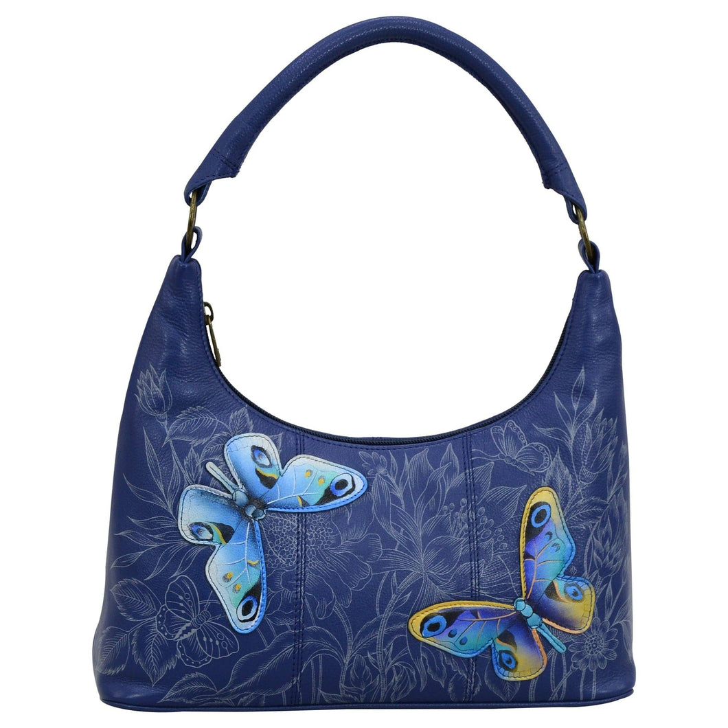 Anuschka style 371, handpainted Medium Zip Top Hobo. Garden of Delight Painting in Blue Color.Inside zippered wall pocket two multipurpose pockets.