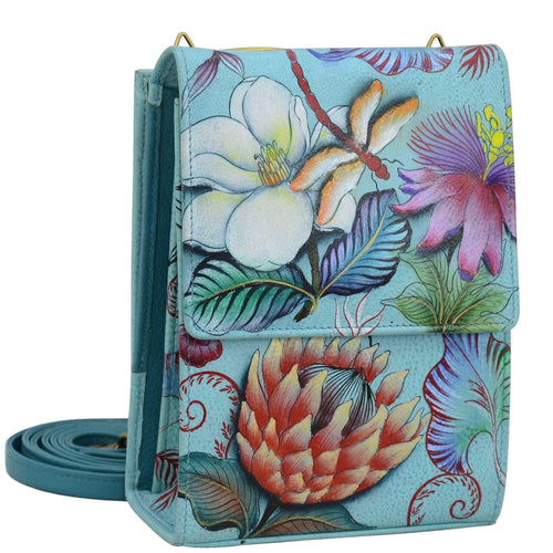 Anuschka style 412, handpainted Triple Compartment Crossbody Organizer. Jardin Bleu Painted in Blue Color. Featuring Inside eight credit card pockets & Mirror under flap.
