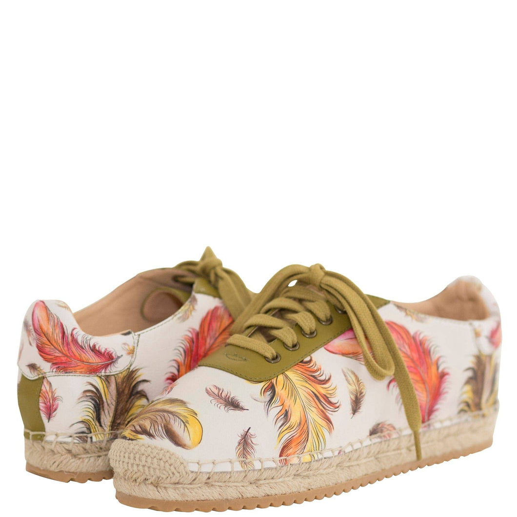 Anuschka Style 4207, Printed DIYA PRINTED LEATHER LACE UP ESPADRILLE. Floating Feathers print