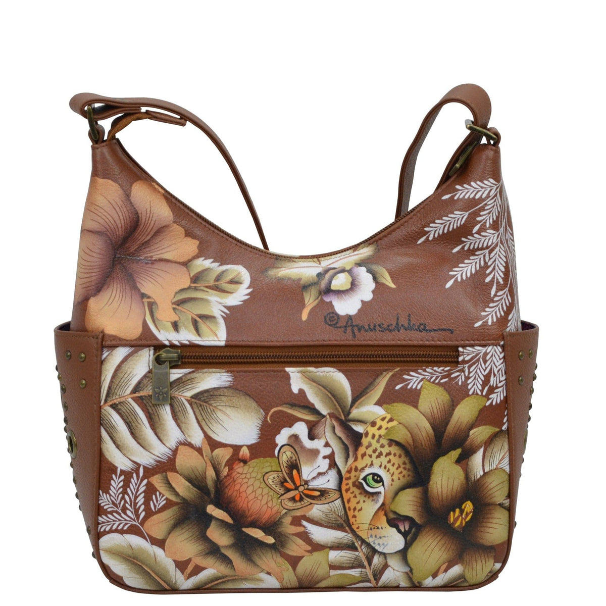 Buy Cleopatra's Leopard Tan Leather Hand Painted Classic Hobo With ...