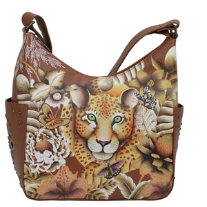 Cleopatra's Leopard Tan Classic Hobo With Studded Side Pockets-433