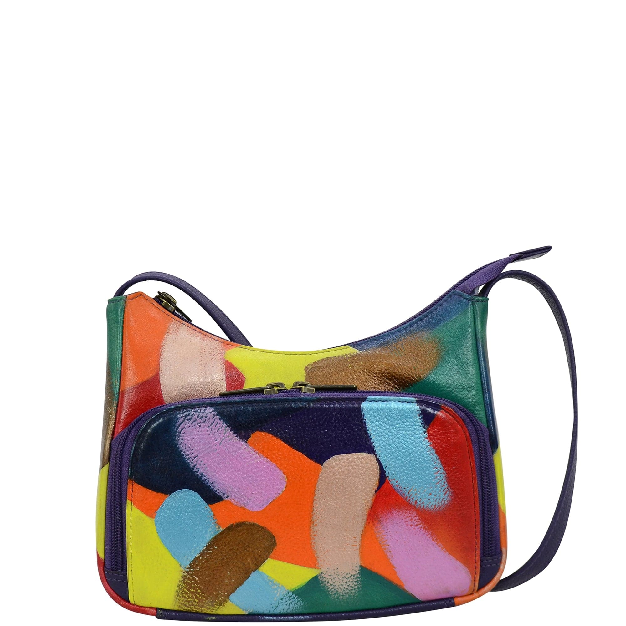 Anuschka Style 481, handpainted Compact Crossbody Travel Organizer. Painterly Palette painting