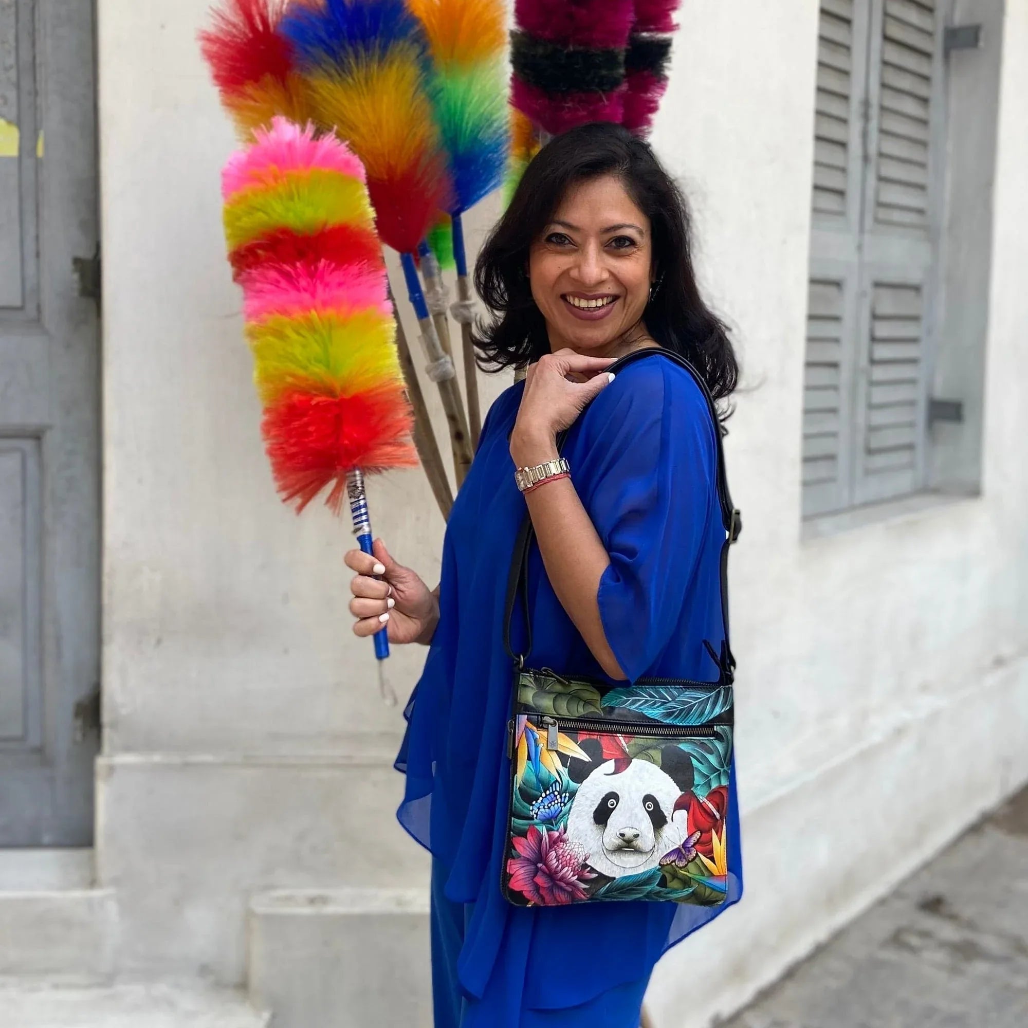 Buy Happy Panda Leather Hand Painted Expandable Travel Crossbody