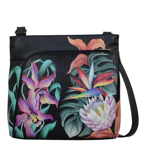 Anuschka style 651, handpainted Crossbody With Front Zip Organizer. Island Escape Black Painted in Black Color. Featuring front zippered RFID protected organizer chamber with gusset contains four card holder, two pen holders, one ID window and one slip in pocket.