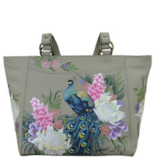 Load image into Gallery viewer, Anuschka style 664, handpainted Classic Work Tote. Regal Peacock Painted in Grey Color. Featuring Inside one zippered wall pocket, one open wall pocket and three multipurpose pockets with gusset.
