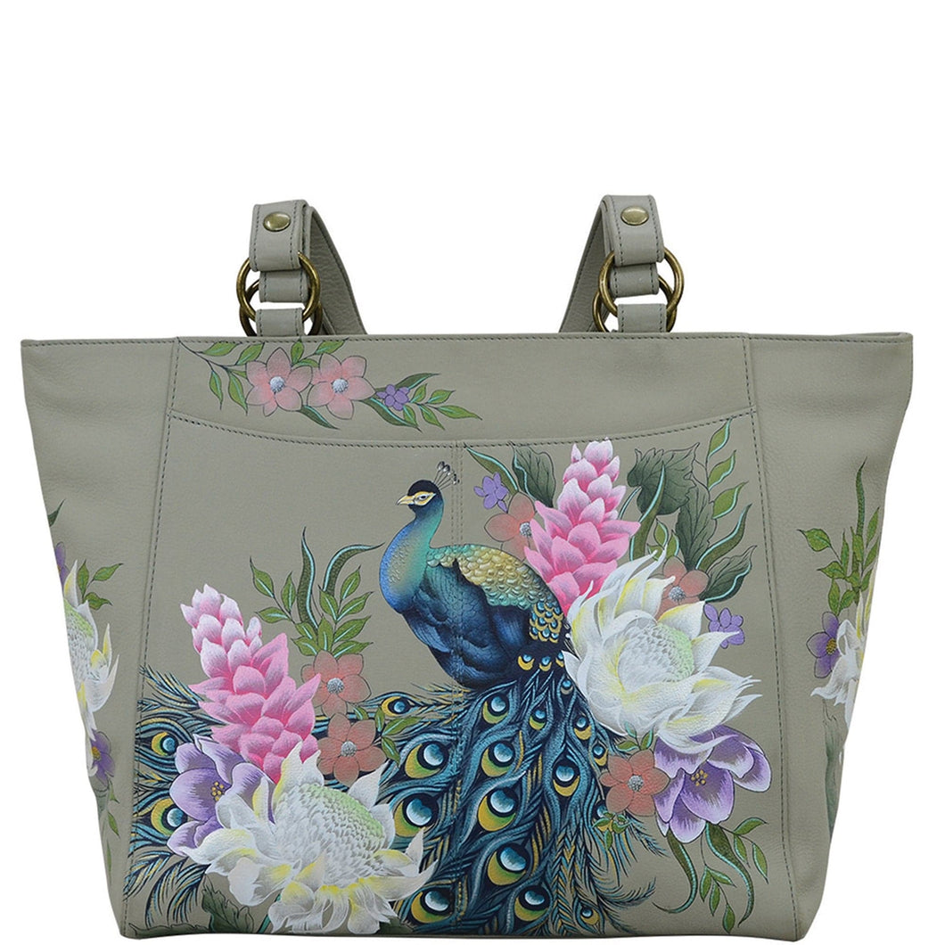 Anuschka style 664, handpainted Classic Work Tote. Regal Peacock Painted in Grey Color. Featuring Inside one zippered wall pocket, one open wall pocket and three multipurpose pockets with gusset.