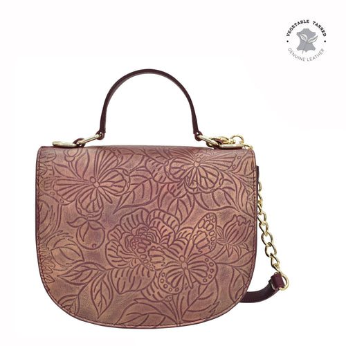 Anuschka style 694, Flap Crossbody. Tooled Butterfly Wine art in Wine color. Featuring magnetic snap button entry with Removable fully adjustable handle strap.