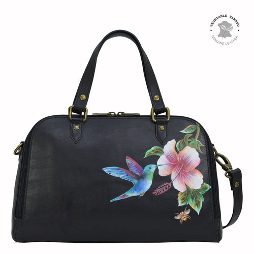 Anuschka style 695, Wide Organizer Satchel. Hummingbird painting in Black color. Featuring Three card holders, one ID window and several inside pockets.