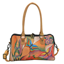 Load image into Gallery viewer, Anna by Anuschka style 8038, handpainted Multi Compartment Satchel. Butterfly Glass Painting painting in multi color. Featuring easy access to central compartment with double magnetic snap closure, Removable strap, Fits E-Reader, Fits tablet.
