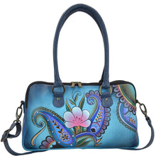 Load image into Gallery viewer, Anna by Anuschka style 8038, handpainted Multi Compartment Satchel. Denim Paisley Floral painting in blue color. Featuring easy access to central compartment with double magnetic snap closure, Removable strap, Fits E-Reader, Fits tablet.
