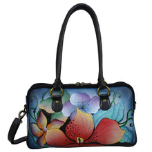 Load image into Gallery viewer, Anna by Anuschka style 8038, handpainted Multi Compartment Satchel. Midnight Floral painting in black color. Featuring easy access to central compartment with double magnetic snap closure, Removable strap, Fits E-Reader, Fits tablet.
