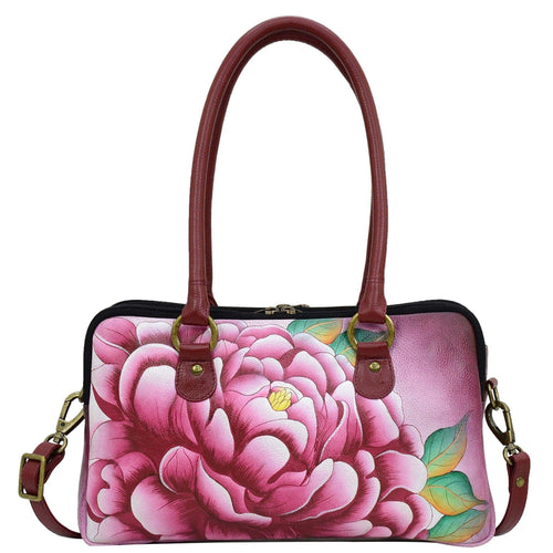 Anna by Anuschka style 8038, handpainted Multi Compartment Satchel. Precious Peony painting in pink/peach color. Featuring easy access to central compartment with double magnetic snap closure, Removable strap, Fits E-Reader, Fits tablet.